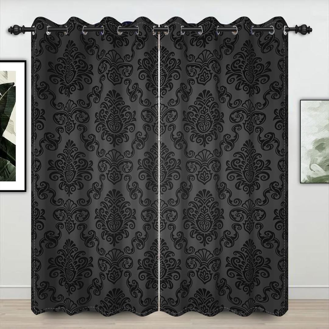 Black Damask Floral Blackout Curtain Vintage Classic Flower Pattern Printed Drapes 42 x 84 Inches Window Curtain Set for Living Room Bedroom Kitchen Decor, 2 Panels Grommet Drapes