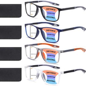 BLOEXCLU 4 Pack Progressive Multifocus Reading Glasses for Men Women TR90 Sports Style Anti-Blue Light Computer Readers (black & blue & grey & transparent, 1.75, x)