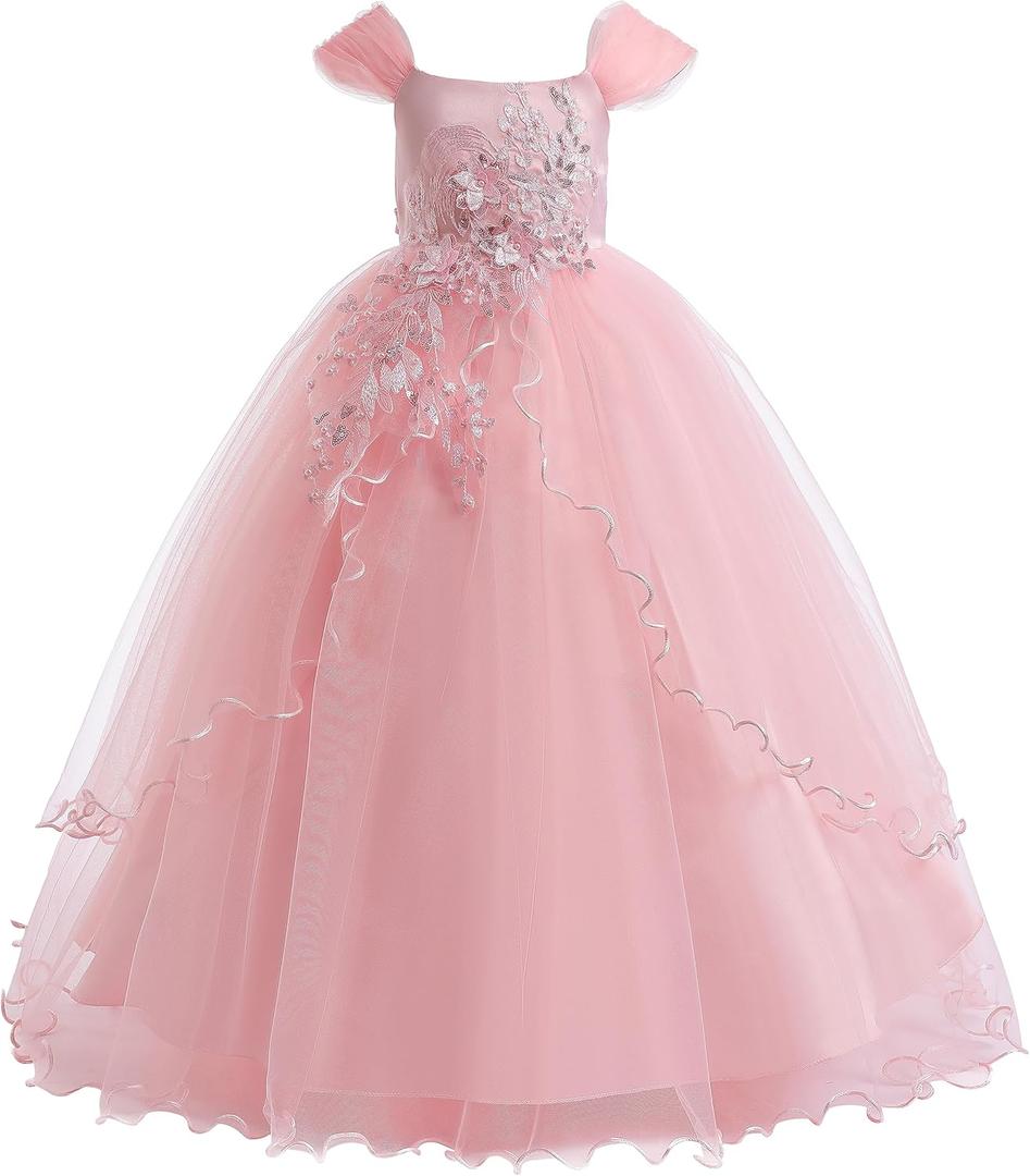 Weileenice Light Pink Flower Girls Dresses for Wedding Cold Shoulder Vintage Sequin Little Girl Birthday Party Dance Ball Gown Embroidery Beads Princess Formal Pageant Bridesmaid Tulle Maxi Dress, Small