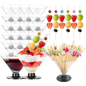 40 Pack Plastic Martini Glasses Disposable 5oz 7oz with 100 Cocktail Sticks Bundle, Disposable Plastic Cocktail Margarita Glasses Cups for Parties Wine Champagne Ice Cream (40, 4.8 oz)