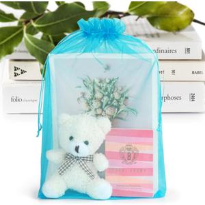ANZNKU 8x12 Inch 50 Pack Organza Bags, Mesh Gift Bags with Drawstring for Goodie Candy Jewelry Packaging, Large Organza Gift Bag Drawstring for Baby Shower Wedding Party Favor (Lake Blue)