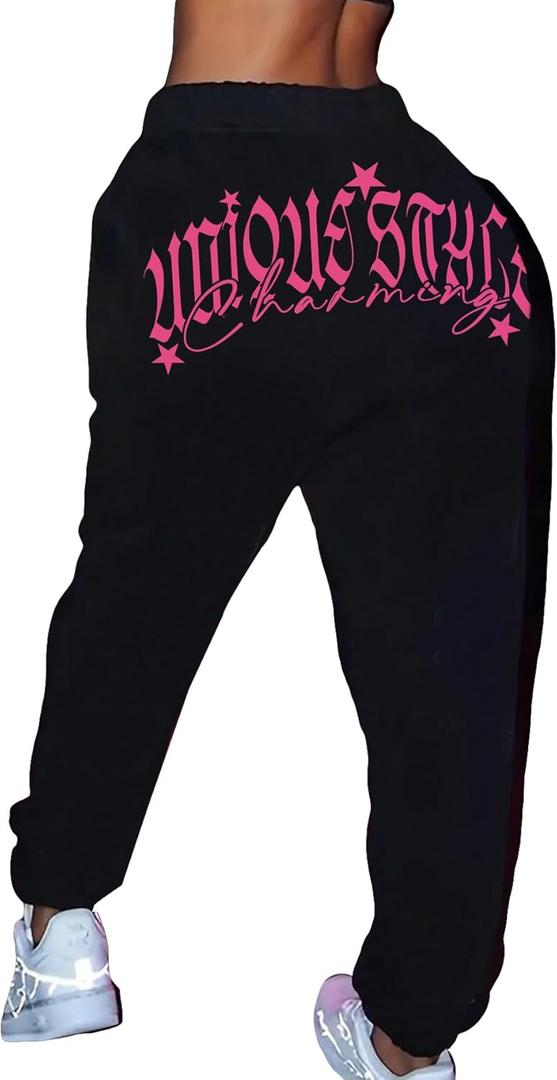 WDIRARA Women's Letter Print Jogger Pants Drawstring Waist Athletic Sweatpants with Pockets (X-Large, Black)