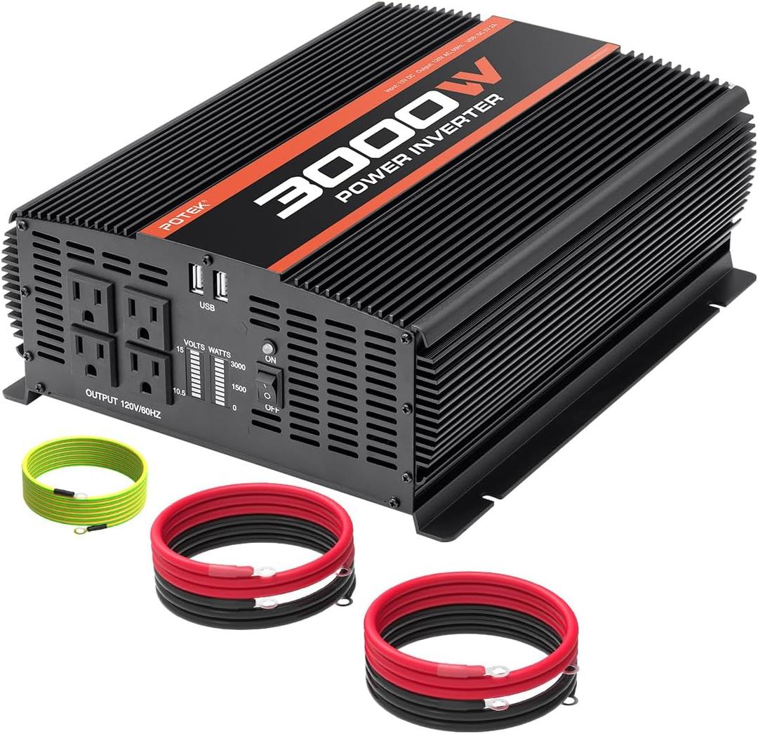 POTEK 3000W Power Inverter 4 AC Outlets DC 12V to 110V AC Car Inverter with 2 USB Port Black