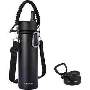 KXIAOCHEN Insulated Water Bottle, Stainless Steel Water Bottle, 2 Lids (Straw and Handle Lid),Wide Mouth Metal Water Bottles Keep Hot and Cold, Double Walled, Thermo Mug, Metal Canteen (Black)
