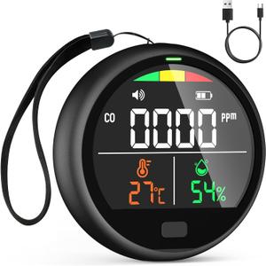 Portable Carbon Monoxide Monitor for Travel  3-in-1 Rechargeable CO Level Monitor with Temperature & Humidity Display, 220H Runtime for Hotel, Camping, Car & RV (Black)