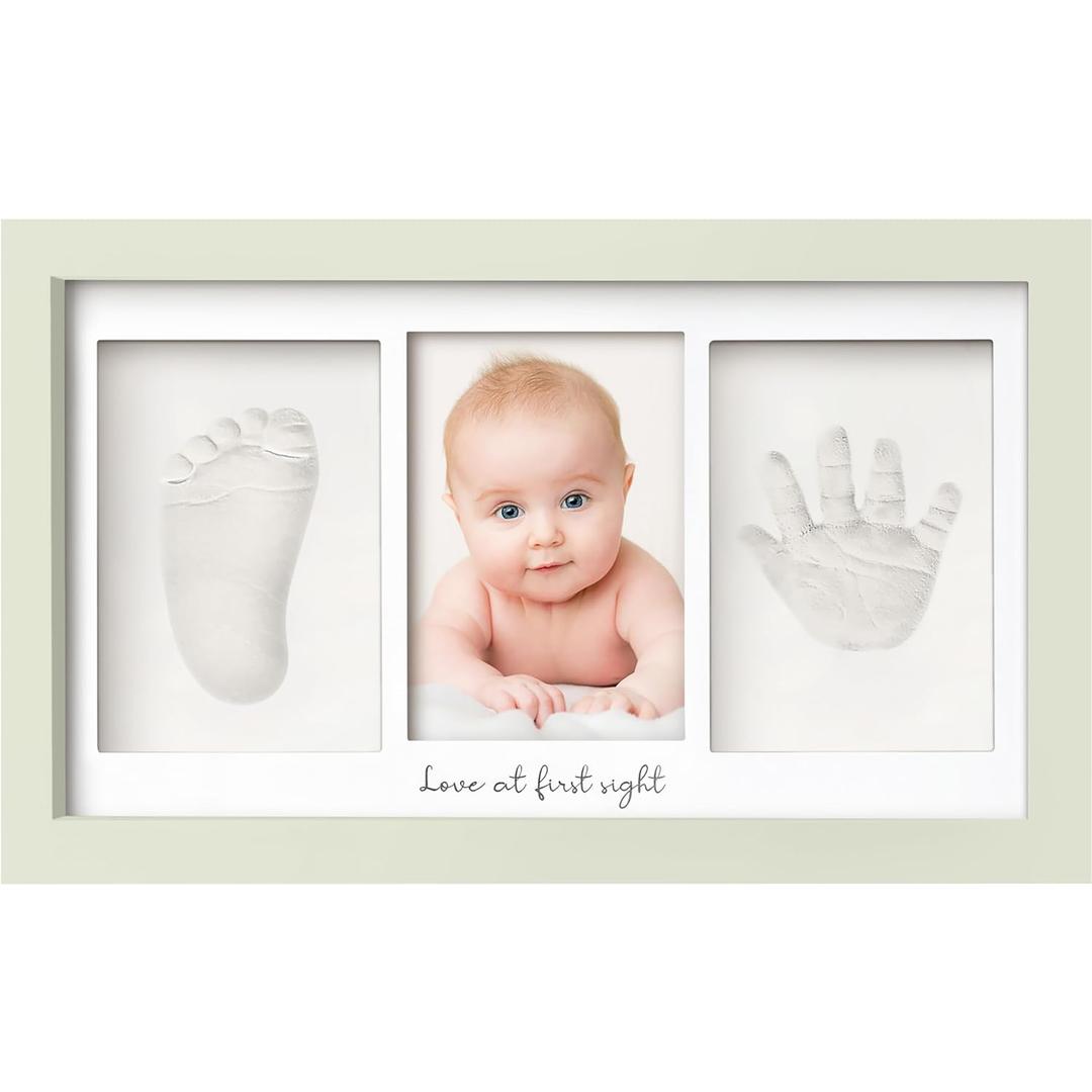 Baby Hand and Footprint Kit - Clay Handprint Keepsake Frame, Newborn Nursery Picture Frame, Personalized New Mom Gifts for Baby Shower & Registry (Sage) (Duo Frame, 13" x 7.9")