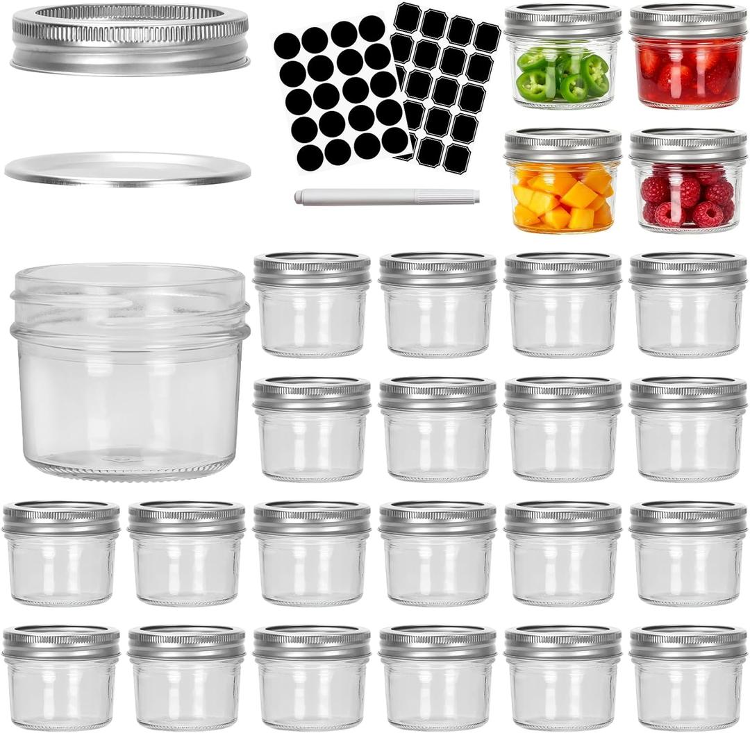 Keketin 4 oz Mason Jars with Airtight Lids and Bands,20 Pack Wide Mouth Jelly Jars,100ml Mini Glass Canning Jar for Jams,Food Storage,Fruits Salad,Honey,Spices