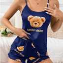 SweatyRocks Women's Cute Bear Print Satin Paiama Sets Silky Cami Top and Shorts 2 Piece Pajamas Set (Blue, M)