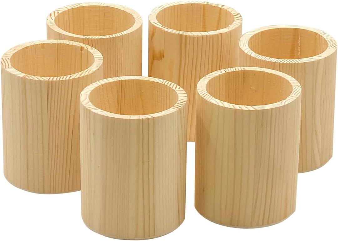 6-Pack 4 Inch Round Wood Pen Holder Unfinished Wooden Pencil Holder for DIY Crafts (3x3x4 Inches)