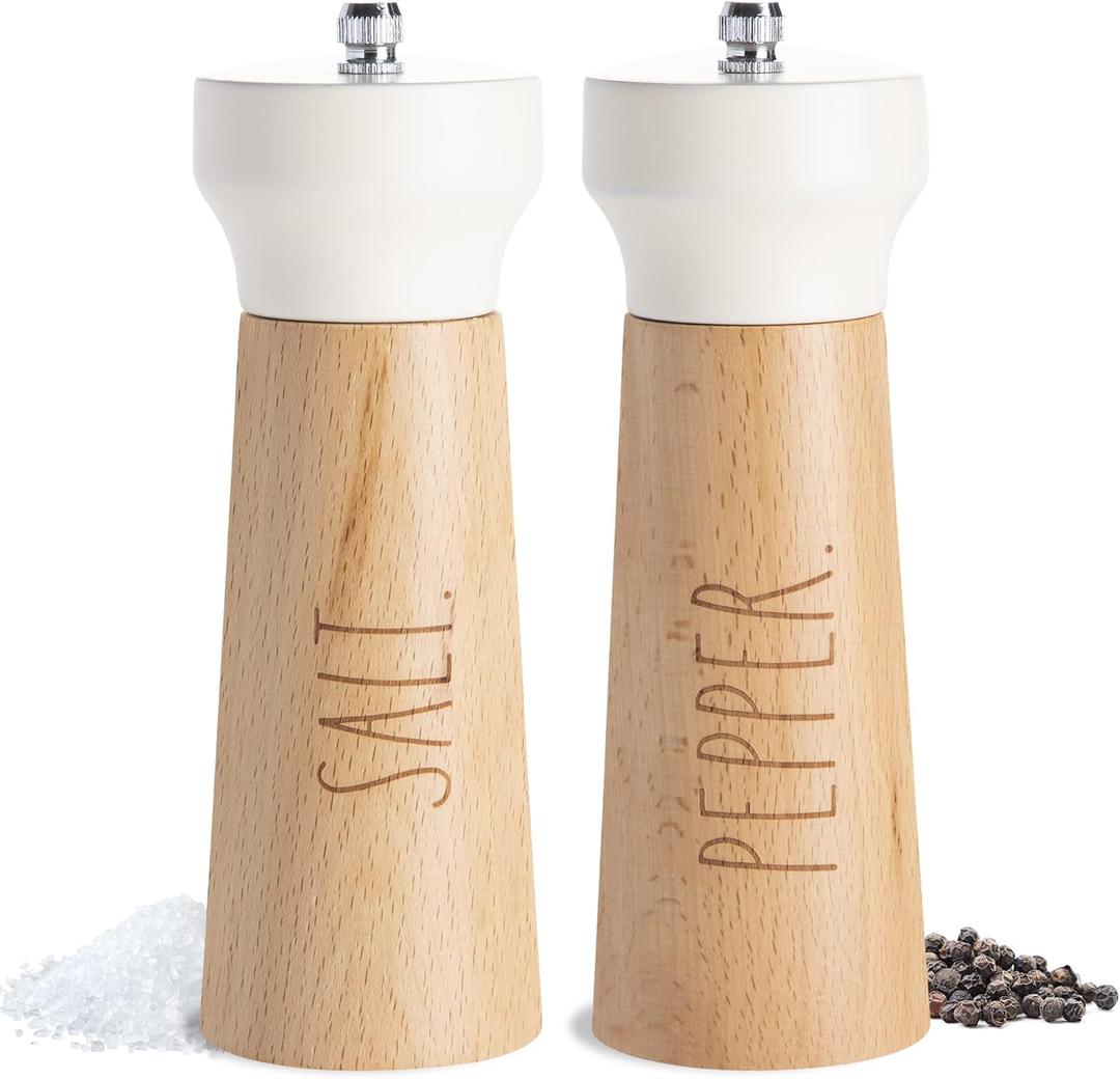 Rae Dunn Salt and Pepper Grinder Set of 2 - Bamboo Sea Salt Pepper Grinder - Classy Salt and Pepper Shakers - Pepper Mill & Salt Mill, Cream