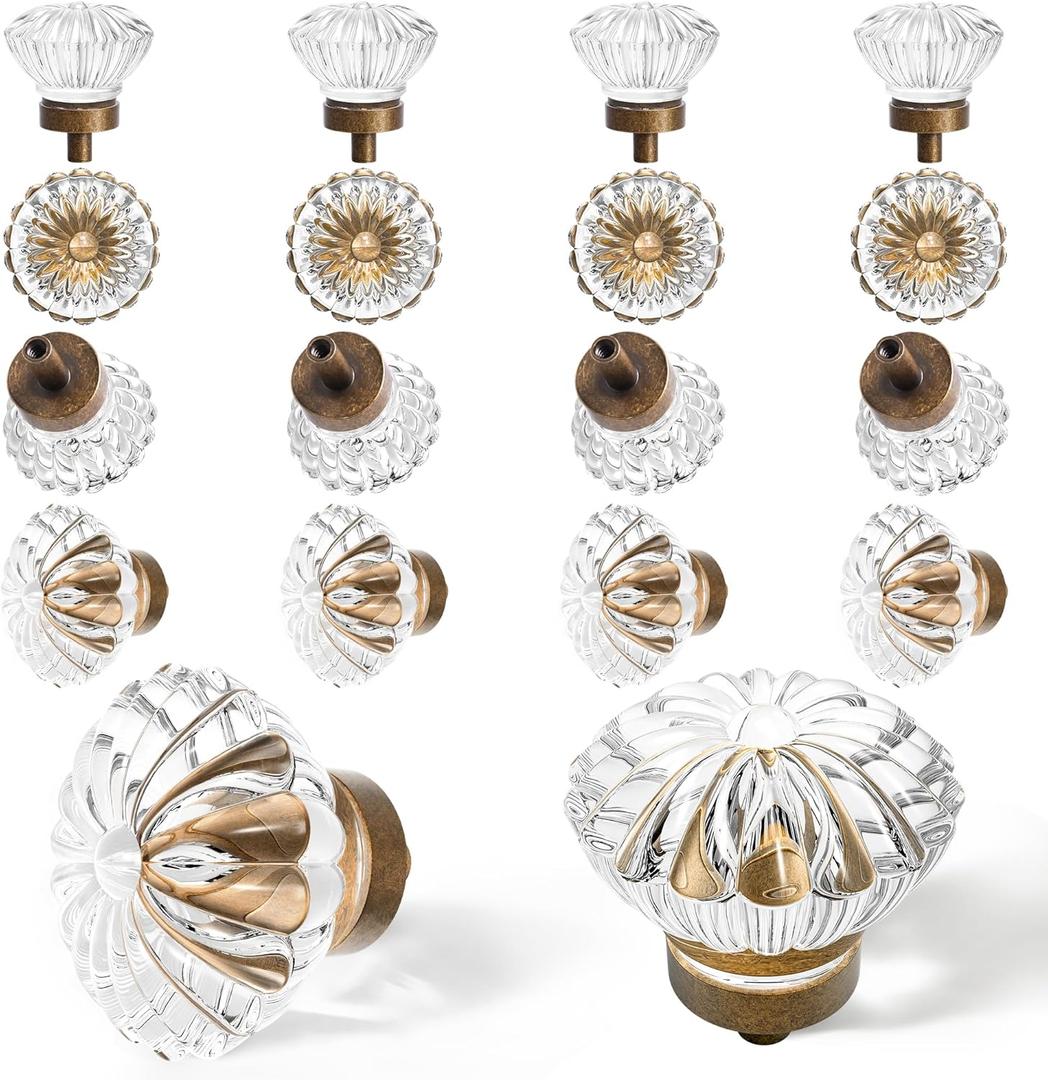 Crystal Cabinet Knobs Cabinets Knob, 16 Pack Flower Antique Brass Vintage Glass Clear Crystal Small Pull for Closet Dresser Drawers Cupboard Wardrobe, Alloy Retro Pulls Old Style Bronze Drawer Handle