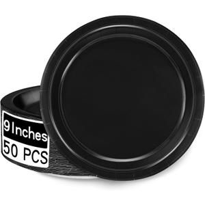 50 Pieces of Paper Plates, Round Black Party Plates Pack, Disposable 9 Inches Paper Dinner Plates, Everyday Use Plates for Daily Meals Picnic Camping Birthday Christmas Thanksgiving Supplies