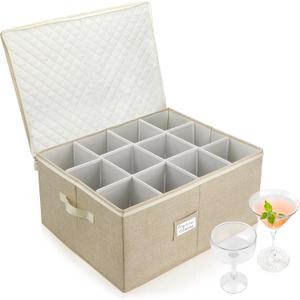 LotFancy Stemware Storage Container, Hard Shell, Large Wine Glass Storage Box for Moving, Stackable, Foldable, Crystal Glassware, Drinkware Case with Dividers & Handles, 21x15.5x10, Beige