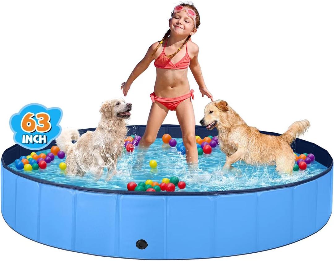 Jecoo Dog Pool for Large Dogs Kiddie Pool Hard Plastic Foldable Dog Bathing Tub Portable Outside Kids Swimming for Pets and Dogs Outdoor Backyard (XL-63" x 12", Blue)