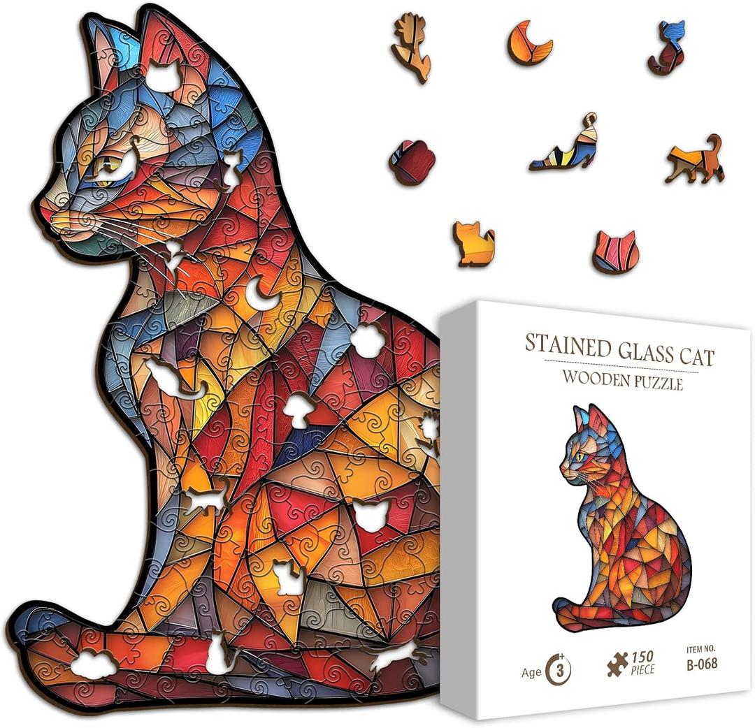 Wooden Stained Glass Puzzles for Adults, Mosaic Cat Jigsaw Puzzle 150 Pieces Art, Colorful Kitten Wood Kitty Puzzle,Unique Animal Shape