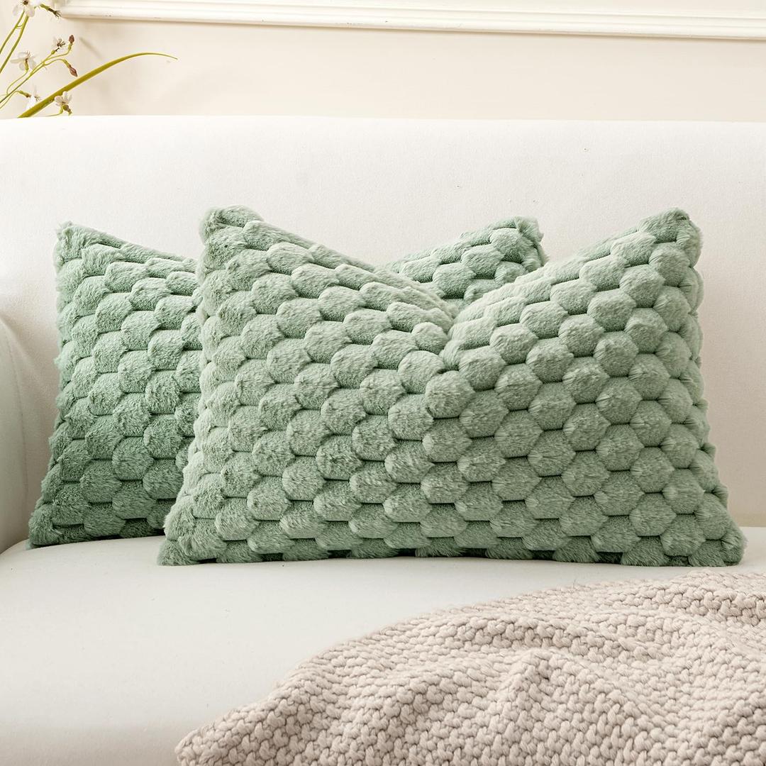 MIULEE Spring Sage Green Faux Fur Lumbar Decorative Throw Pillow Covers 16x16 Inch Set of 2 Super Soft Cozy Plush Cushion Cases Luxury Fluffy Pillowcases for Sofa Couch Bed Living Room, Sage Green