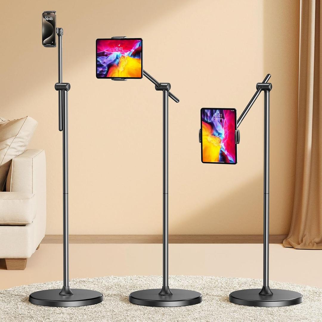 DIMONCOAT [Height-Adjustable & 360 Rotation Tablet Floor Stand Stable Base, Aluminum Alloy iPad Stand Floor Holder for iPad Mini Air Pro 12.9/9.7, Monitor, Kindle, iPhone 16, Cell Phones (4.7"-15.6")