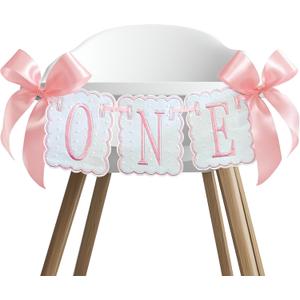 Pink and White Bow First Birthday High Chair Banner Pink Bow One High Chair Garland for Girls Sweet One Party Supplies Photo Prop