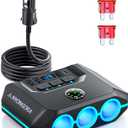 7-in-1 Cigarette Lighter Splitter, 120W Car Charger Adapter with 3 Sockets & Independent Switches, 4 USB Ports (USB-A/USB-C), LED Voltage Display, UL Certified, Built-in Fuse + Spare Fuse