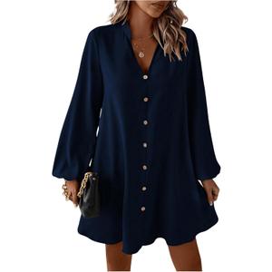 SweatyRocks Women's V Neck Pullover Shirt Dress A Line Long Lantern Sleeve Flared Loose Mini Dresses (Small, Blue)