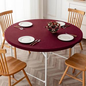 Fitted Tablecloth 2 Pack, Burgundy Tablecloth with Elastic Edged, Waterproof Stain Resistant Table Cover for Outdoor/Indoor Use, Fits Round Tables up to 36" Diameter