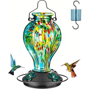 Hand Blown Glass Hummingbird Feeders for Outdoors Hanging, 24oz Wild Bird Nectar Feeder with Ant Moat and Perch, Bee-Resistant Ports, Garden Decor, Gifts for Women Mom, 1 Pack, Blue Fireworks