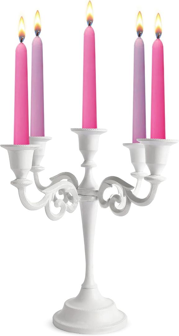 Rely+ 5 Arm Candelabra Taper Candle Holders Decorations Indoor Kitchen Dcor Table Candles Candlestick Candelabra Centerpiece (White)