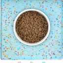 Ptlom Dog Food Mat Anti-Slip Dog Bowl Mats for Food and Water, Waterproof Pet Placemat Prevents Messy Spill to Floor, Silicone Puppy Feeding Tray for Small, Medium and Large Dogs Cats, Blue (11.8"L x 11.8"W)