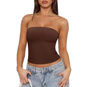 REORIA Women's Y2K Strapless Backless Tube Top Double Lined Sleeveless Crop Tank Top for Summer 2025 Going Out (Brown)