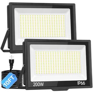 200W LED Flood Light Outdoor with Plug+10ft Wire, 24000Lm Super Brighter Security Light, IP66 Waterproof LED Worklight, 5000K Daylight White Exterior Floodlight for Yard Garden Garage Stadium (Pack of 2) 