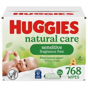 Huggies Natural Care Sensitive Baby Wipes, Unscented, Hypoallergenic, 99% Purified Water, 12 Flip-Top Packs (768 Wipes Total)