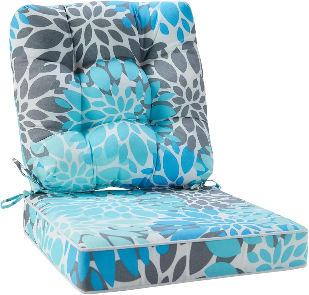 JMGBird Seat/Back Outdoor Chair Cushion Tufted Pillow, Deep Seat Cushion Set 22"x22", Outdoor Cushion for Patio Furniture (Light Blue With White)