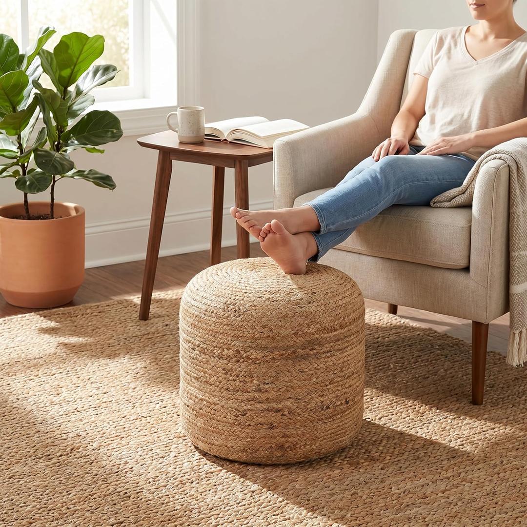Palisa Natural Jute Pouf Ottoman 16 X 18Inch | Handwoven Round Boho Floor Pouf for Living Room Decor | Lightweight Decorative Footrest Accent Stool for Bedroom Nursery & Apartment