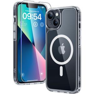 TAURI 2 in 1 Magnetic for iPhone 13 Case, [Compatible with MagSafe] [with 1X Screen Protectors] Not-Yellowing, Military-Grade Protection Slim Phone Case for 13 Cover, Clear, 6.1"