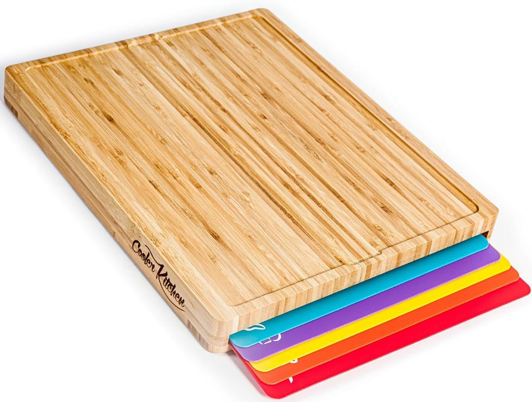 Bamboo Cutting Board Set with 6 Color Coded Mats with Food Icons, BPA-Free Non Slip Easy Clean Chopping Boards for Kitchen with Holder, Dishwasher Safe for Meal Prep & Serving, Large | Cooler Kitchen