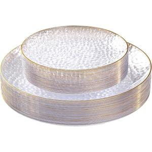 SUT 36Pcs Clear Plastic Plates, Hammered Plates Disposable Heavy Duty, Clear Disposable Plates With Gold Rim, Fancy Plastic plates Include 18 Dinner and 18 Dessert plates for Wedding
