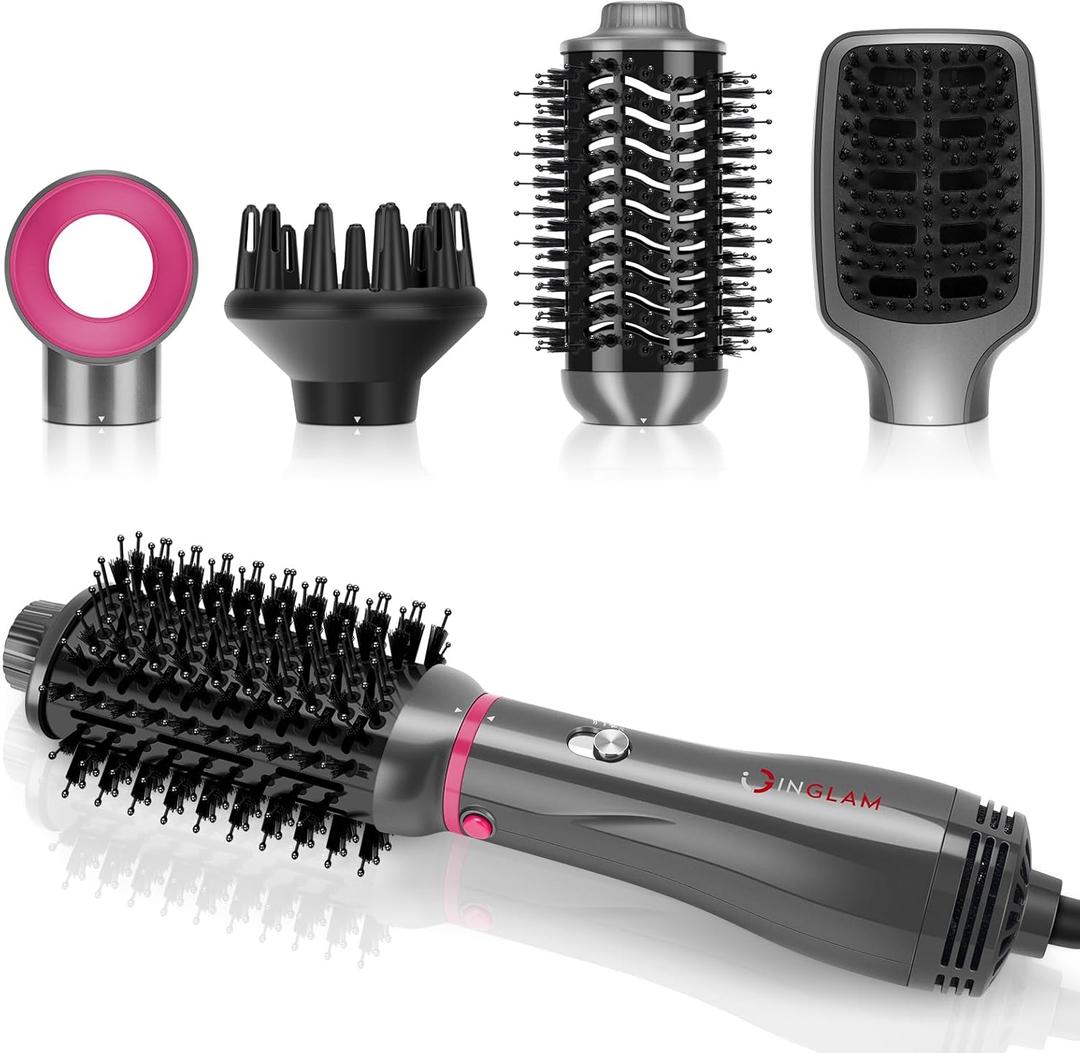 IG INGLAM 4 in 1 Hot Air Brush, Negative Ion Detachable Hair Styler & Volumizer with 2 Brush Heads, Updated Push Switch, Gray (Grey Pro new Upgrade)