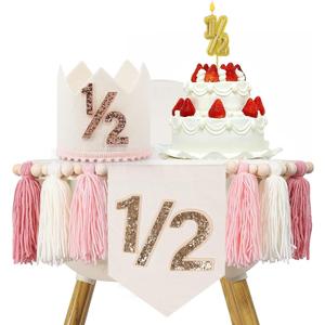 1/2 Birthday Girl, Half Birthday Decorations, 6 Month High Chair Banner, Bling Party Decorations Set With Handmade Cake Candle Crown Hat (Pink)