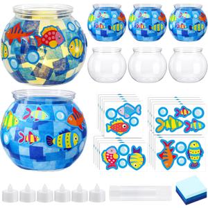 Simgoing 6 Sets Fishbowl Crafts Summer Plastic Fish Bowl Tissue Paper Crafts with LED Candle Light DIY Under The Sea Ocean Animals Decoration for Party Summer Home Activities