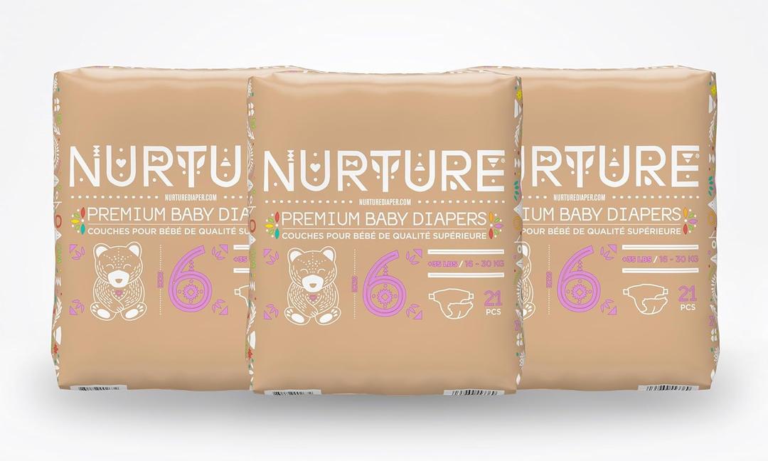 Nurture Diapers by BioBag, Size 6 (35+ pounds), 63 Premium Quality Baby Diapers, Chemical Free, Ultra Absorbent, Eco Friendly, Hypoallergenic
