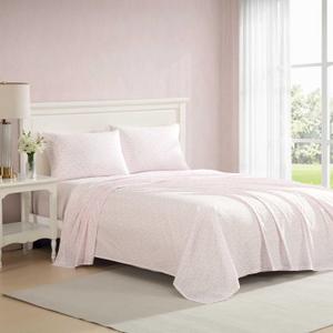 Laura Ashley - Queen Sheet Set, Crisp & Cool Cotton Percale Bedding with Deep Pockets, Lightweight for Year Round Comfort, Bed Sheets with Matching Pillowcases (Floral Toile Pink)