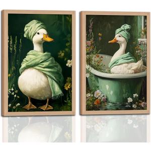 2Pcs wooden Framed Spa Duck Wall Art Canvas Prints, Cute Duck Bathroom Dcor with Bathtub & Towel, Vintage Green Aesthetic Picture for Bathroom, Laundry Room, Bedroom Home Wall 12x16in