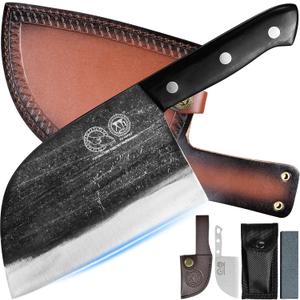 XYJ Authentic Since 1986,Outstanding Ancient Forging,6.7 Inch Full Tang,Serbian Chefs knife,Chef Meat Cleaver,Kitchen Knives,Set with Leather Sheath,Take Carrying,Butcher (Black)