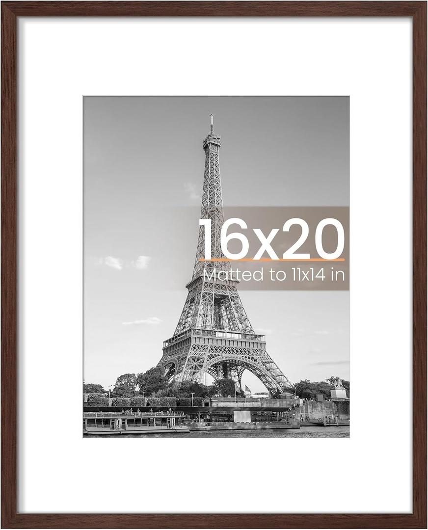 Upsimples 16x20 Picture Frame, Display Pictures 11x14 with Mat or 16 x 20 Without, Wall Hanging Poster Frame, Brown, 1 Pack