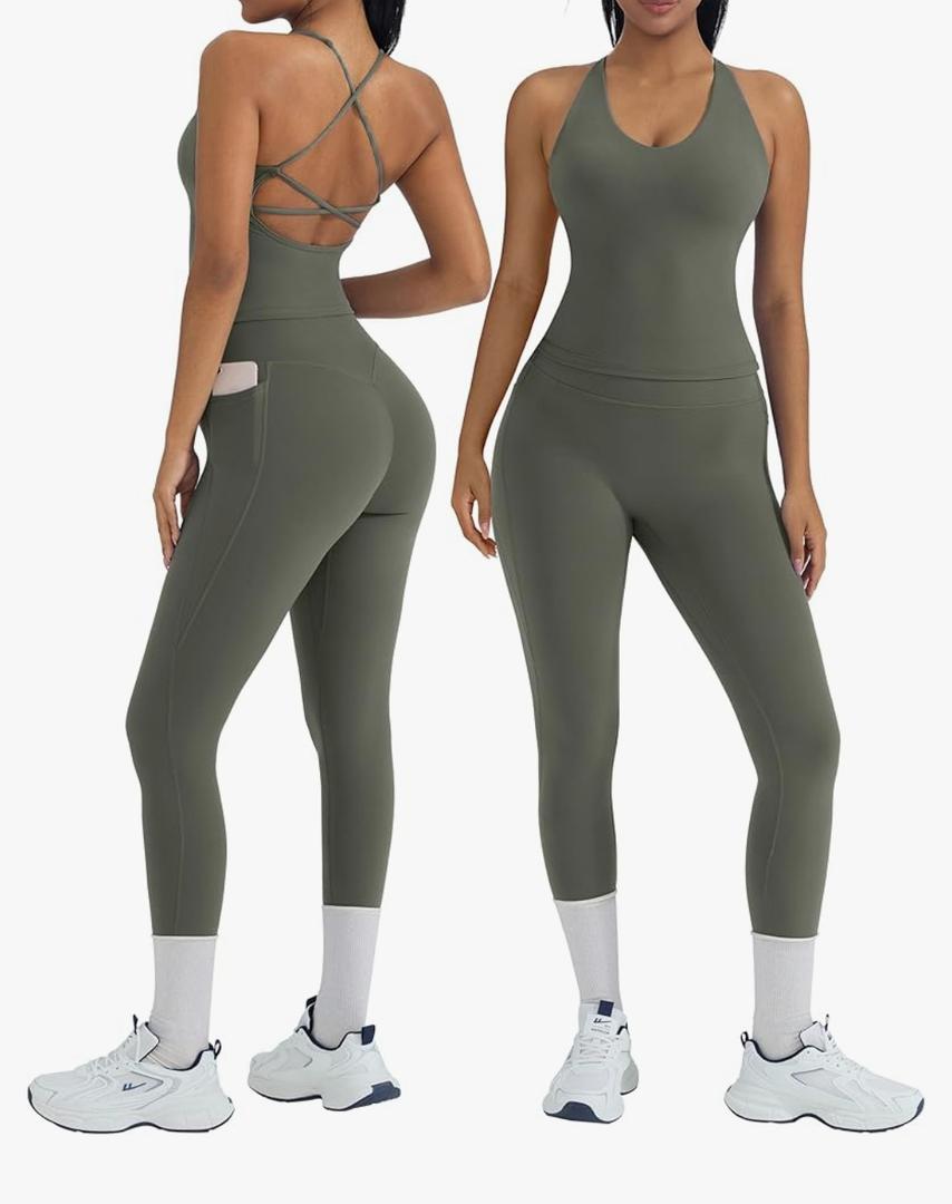 OMKAGI
2 Piece Workout Sets for Women Padded Workout Tops Booty Leggings with Pockets Gym Sets, Small