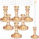 Suclain 12 Pcs Wedding Candlestick Holders Taper Candles Set Clear Glass Candle Holder and White Tapered Candles Dripless Tall Candle Sticks for Wedding Party Table Favor(Gold)