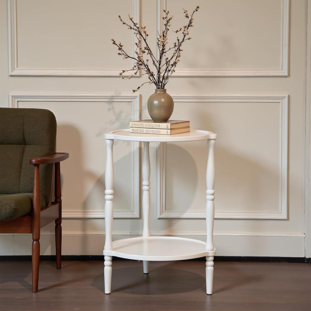 Accent Wood End Table, 2-Tier Round Bedside Table, Natural Side Table Nightstand for Family, Bedroom, Living Room, Handcrafted Finish, White (16.5 inch)