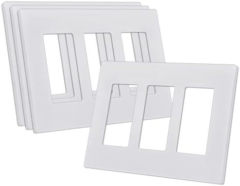 CML Screwless Decorator Wall Plates, 3-Gang Wall Safe Outlet Cover, 4 Pack Hidden Screw Switch Plate, Standard Size 4.68”X 6.54”, Impact Resistant, White