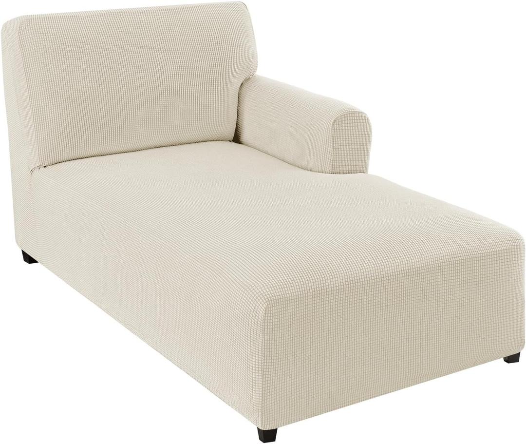 FantasDecor Right Chaise Lounge Cover Stretch Chair Lattice Slipcover with Armrests for Living Room Bedroom Right Arm Soft Jacquard Fabric Machine Washable, Beige,Right Chaise