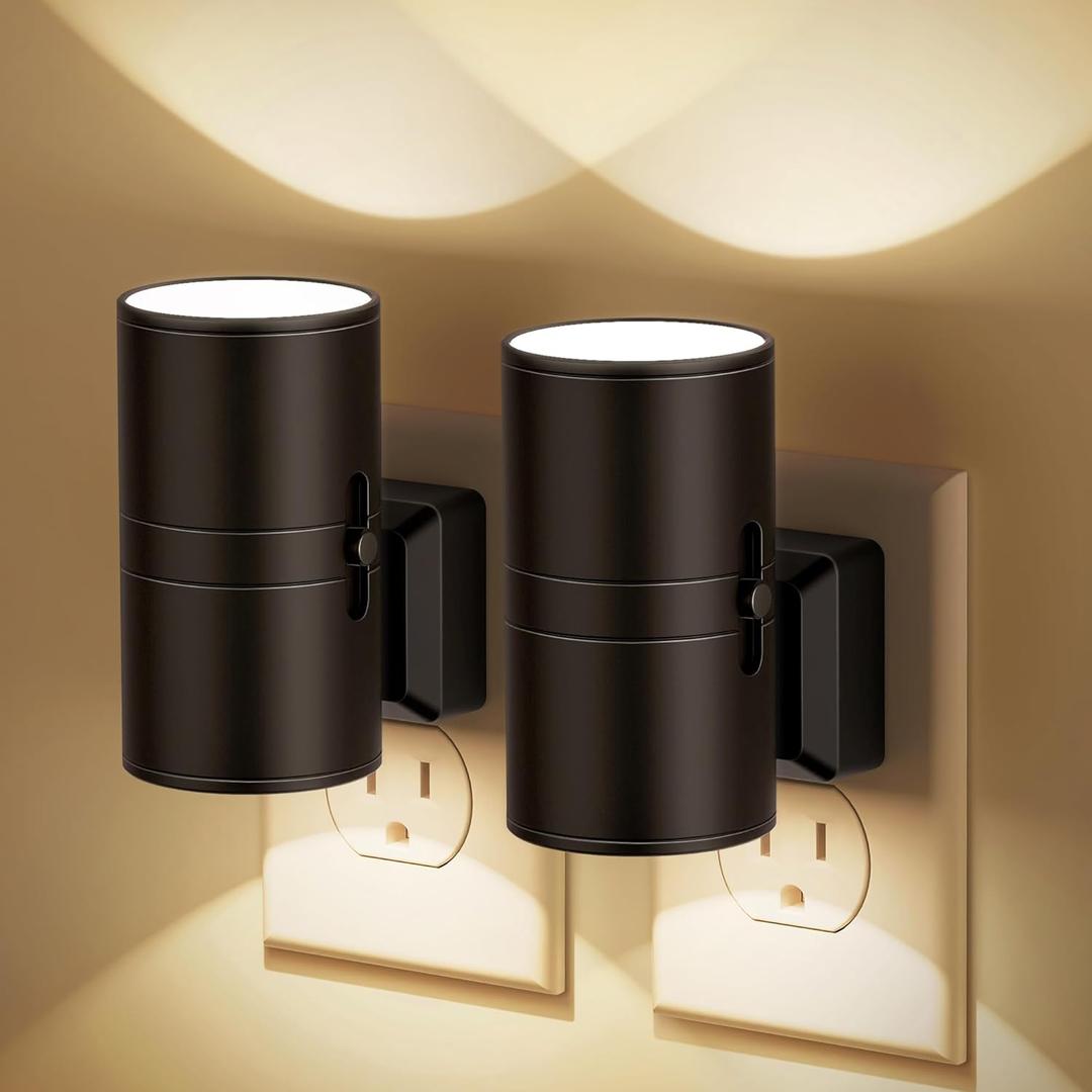 Night Lights Plug into Wall, Dimmable Night Light Plug in, Modern Night Lights with Dusk to Dawn Light Sensor, Soft White 3000K, 0-100LM Adjustable Brightness Nightlight for Hallway Bedroom, Pack of 2 (Warm - Black Shade)